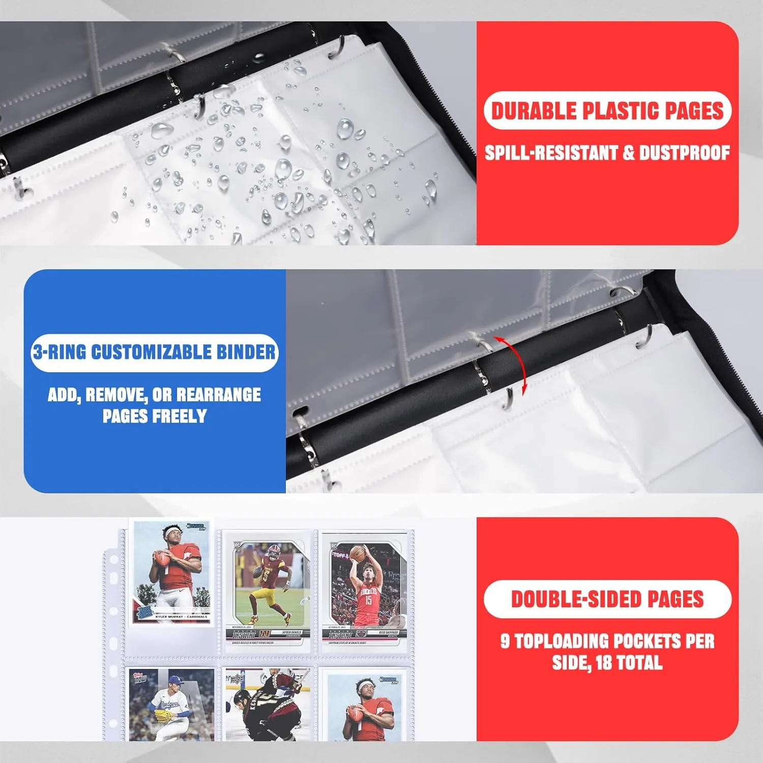 Sports Card Binder 900 Pockets with 50 Removable Sleeves, Zippered PU Leather Trading Card Organizer Album for Sports Collectibles, Premium Protection Gift for Collectors