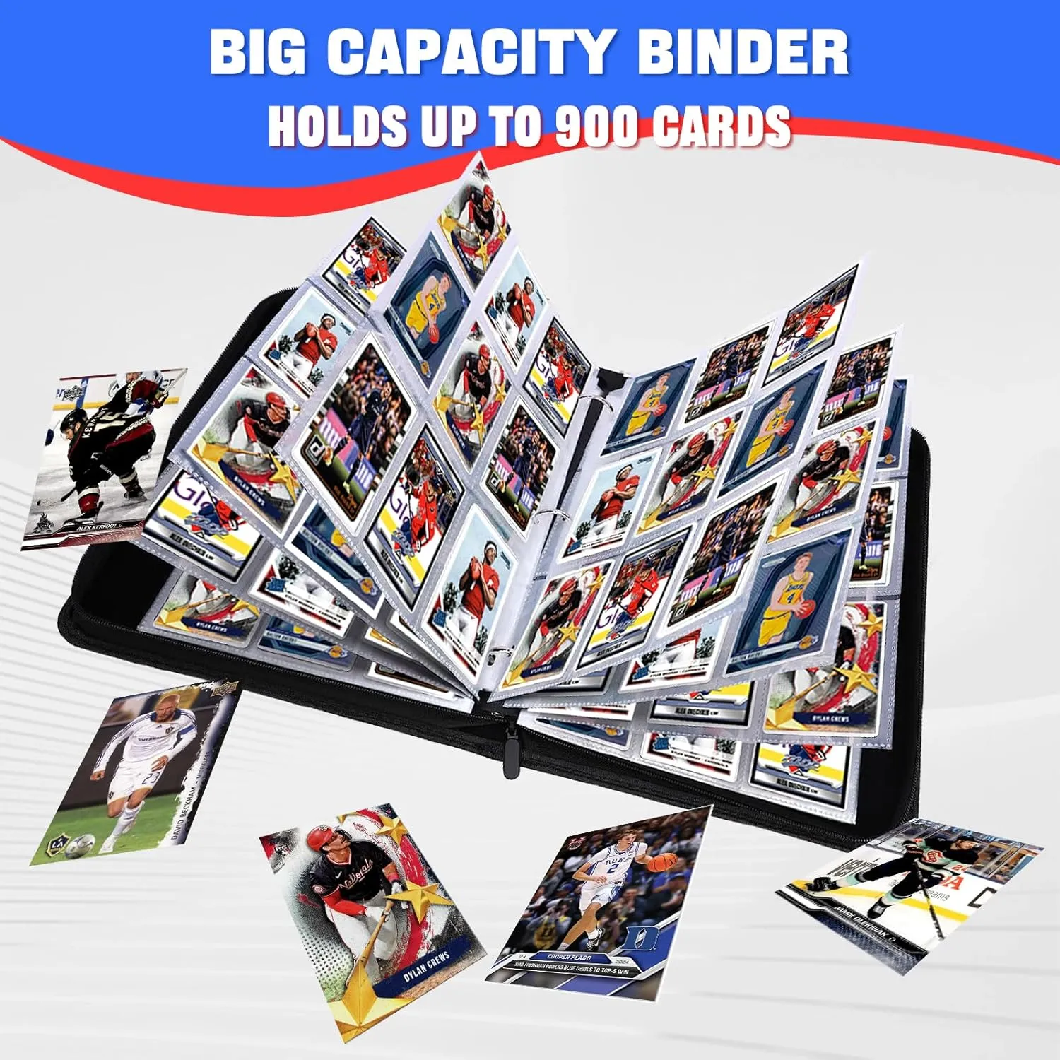 Sports Card Binder 900 Pockets with 50 Removable Sleeves, Zippered PU Leather Trading Card Organizer Album for Sports Collectibles, Premium Protection Gift for Collectors