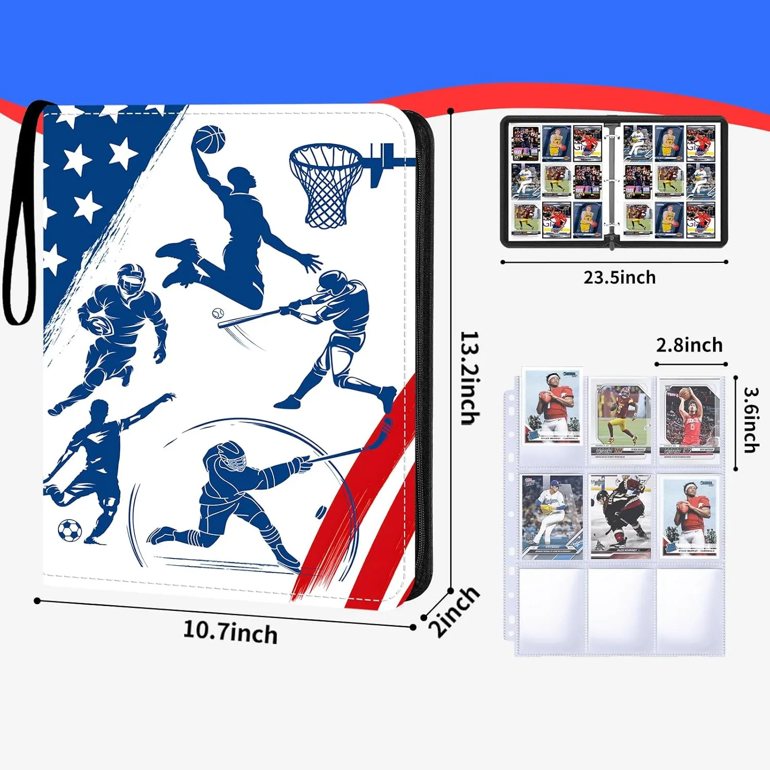 Sports Card Binder 900 Pockets with 50 Removable Sleeves, Zippered PU Leather Trading Card Organizer Album for Sports Collectibles, Premium Protection Gift for Collectors