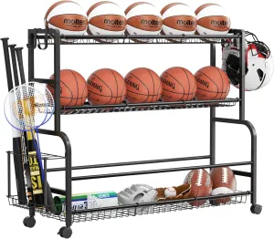 Sports Equipment Garage Organizer - Ball Storage Garage - Ball Storage Rack - Rolling Ball Cart with Wheels Basket and Hooks for Basketballs Footballs Volleyballs in Gym Playgroup and School.