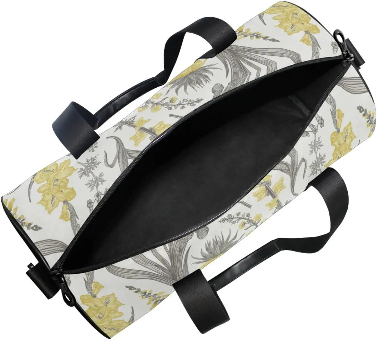 Spring and Summer Garden Flowers Yellow and Gray Style on White Duffel Bag, Foldable Canvas Travel Tote for Gym Sports with Inner Pockets, Durable Lightweight Fitness Bag for Overnight Workout
