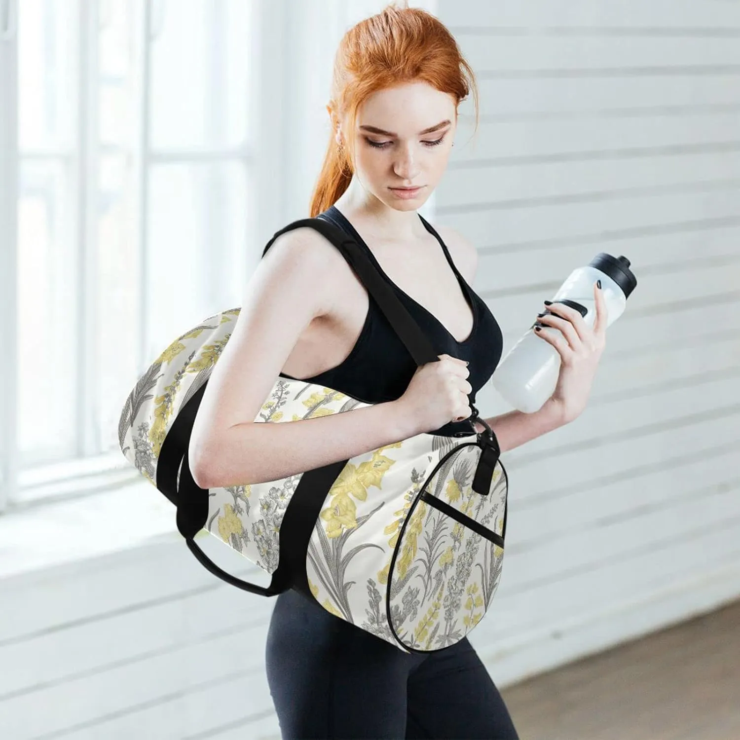 Spring and Summer Garden Flowers Yellow and Gray Style on White Duffel Bag, Foldable Canvas Travel Tote for Gym Sports with Inner Pockets, Durable Lightweight Fitness Bag for Overnight Workout