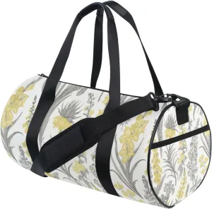 Spring and Summer Garden Flowers Yellow and Gray Style on White Duffel Bag, Foldable Canvas Travel Tote for Gym Sports with Inner Pockets, Durable Lightweight Fitness Bag for Overnight Workout