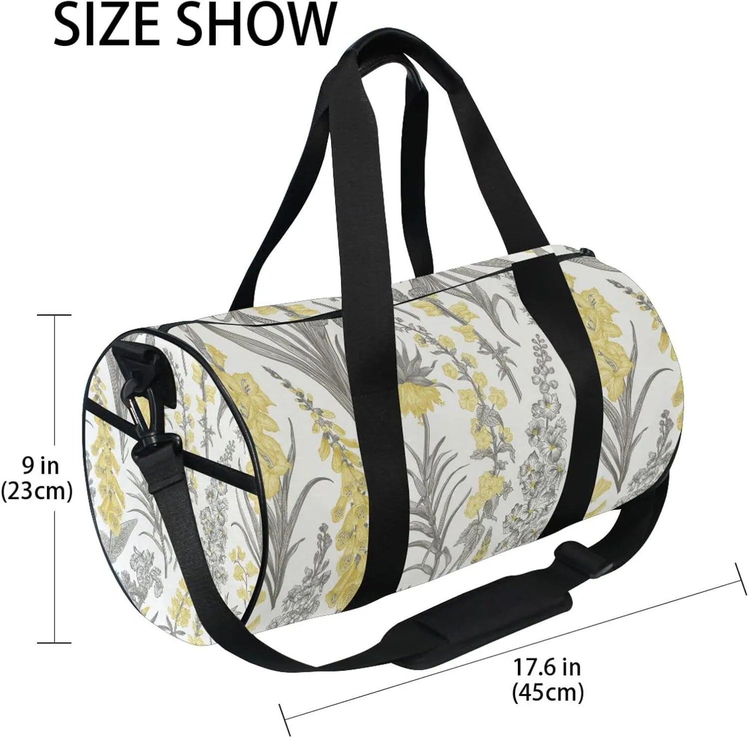 Spring and Summer Garden Flowers Yellow and Gray Style on White Duffel Bag, Foldable Canvas Travel Tote for Gym Sports with Inner Pockets, Durable Lightweight Fitness Bag for Overnight Workout