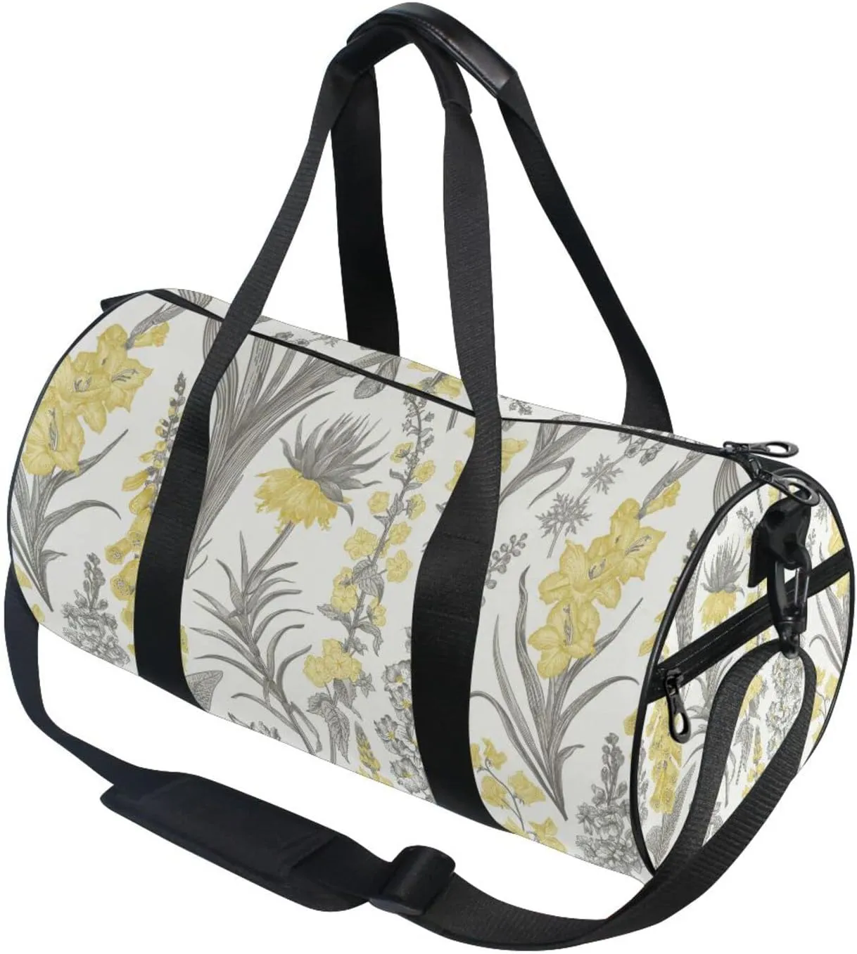 Spring and Summer Garden Flowers Yellow and Gray Style on White Duffel Bag, Foldable Canvas Travel Tote for Gym Sports with Inner Pockets, Durable Lightweight Fitness Bag for Overnight Workout