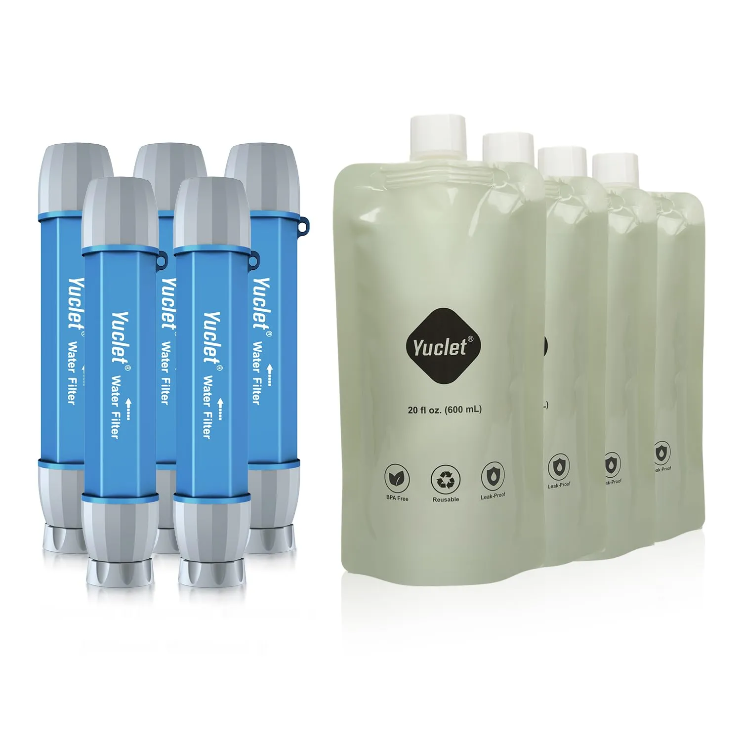 Squeeze Water Filtration System for Hiking, Camping, Travel, and Emergency Preparedness (5 Water Filter Straw, 4 Squeezable Water Pouch)