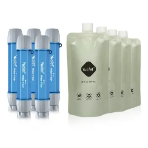 Squeeze Water Filtration System for Hiking, Camping, Travel, and Emergency Preparedness (5 Water Filter Straw, 4 Squeezable Water Pouch)