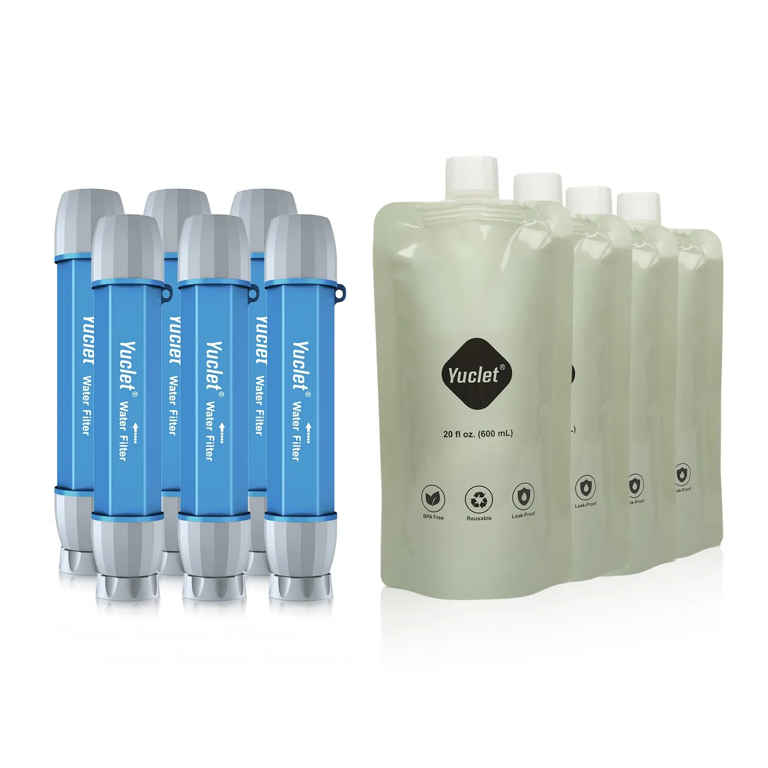 Squeeze Water Filtration System for Hiking, Camping, Travel, and Emergency Preparedness (6 Water Filter Straw, 4 Squeezable Water Pouch)