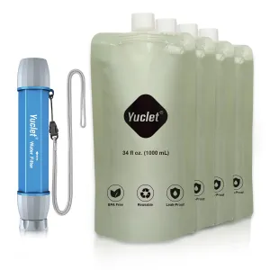 Squeeze Water Filtration System with Four 34-Oz Squeeze Pouches and 0.1 Micron Filter Straw, Portable Water Purifier Survival for Backpacking, Camping, Hiking and Emergency Preparedness