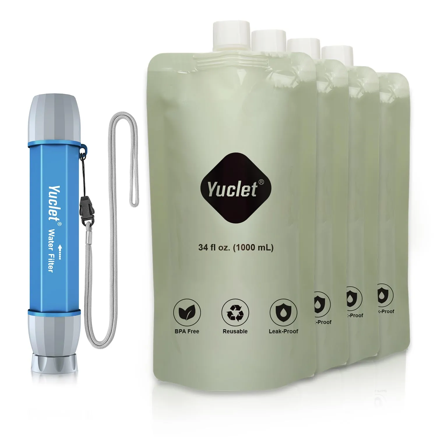 Squeeze Water Filtration System with Four 34-Oz Squeeze Pouches and 0.1 Micron Filter Straw, Portable Water Purifier Survival for Backpacking, Camping, Hiking and Emergency Preparedness