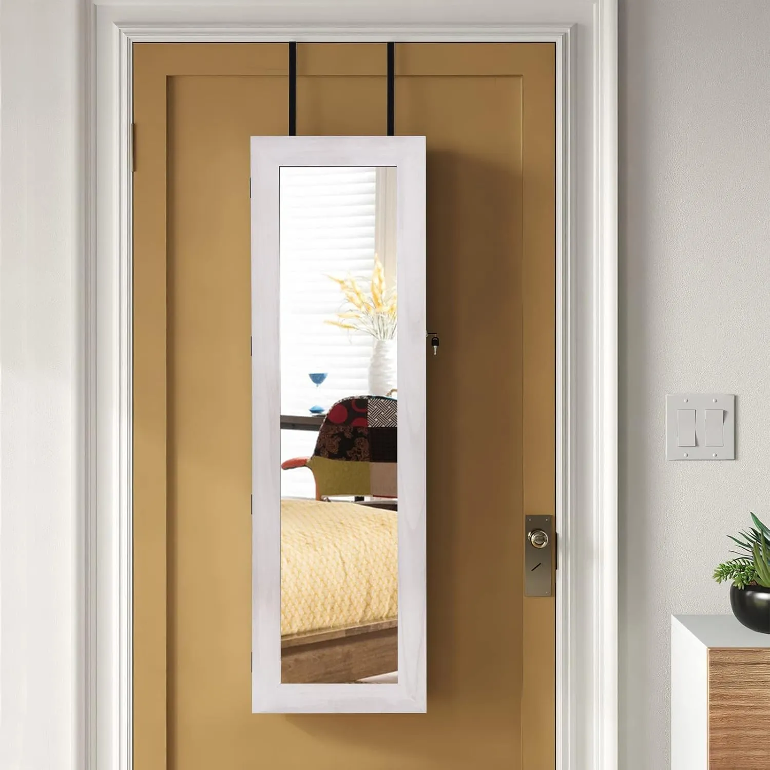SRIWATANA Jewelry Armoire Cabinet, Solid Wood Jewelry Organizer with Full Length Mirror Wall/Door Mounted(Washed White)