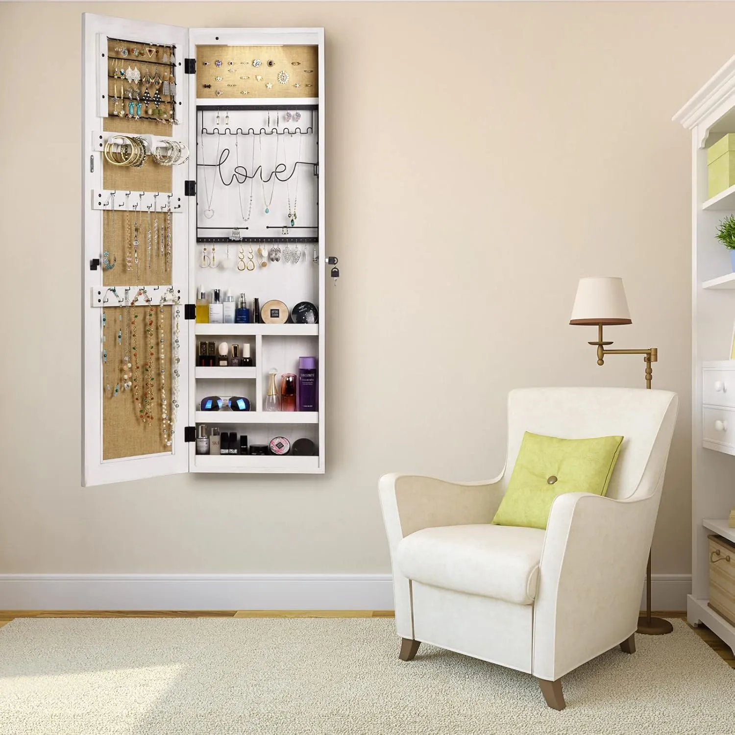 SRIWATANA Jewelry Armoire Cabinet, Solid Wood Jewelry Organizer with Full Length Mirror Wall/Door Mounted(Washed White)
