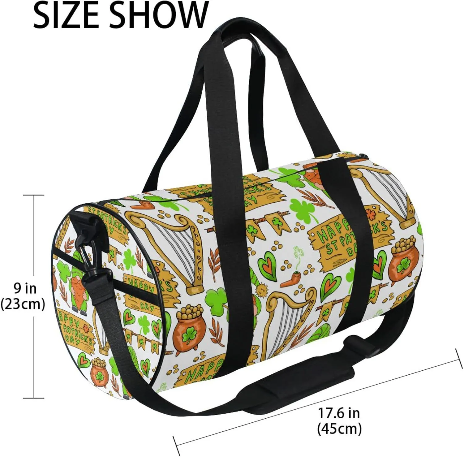 St Patrick's Day Shamrock Clover Green Gnomes, Coins Letters Duffel Bag, Foldable Canvas Travel Tote for Gym Sports with Inner Pockets, Durable Lightweight Fitness Bag for Overnight Workout