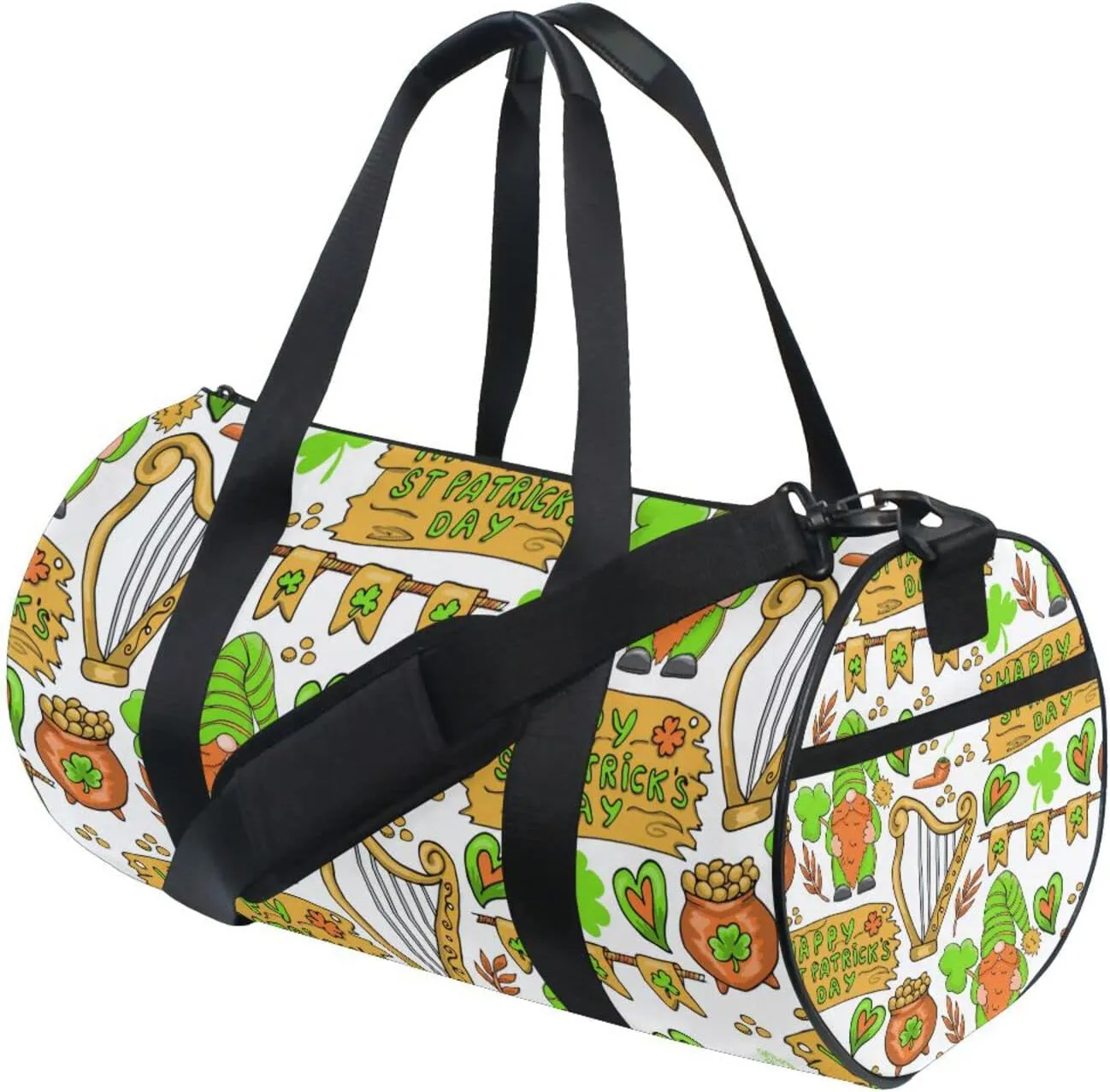 St Patrick's Day Shamrock Clover Green Gnomes, Coins Letters Duffel Bag, Foldable Canvas Travel Tote for Gym Sports with Inner Pockets, Durable Lightweight Fitness Bag for Overnight Workout