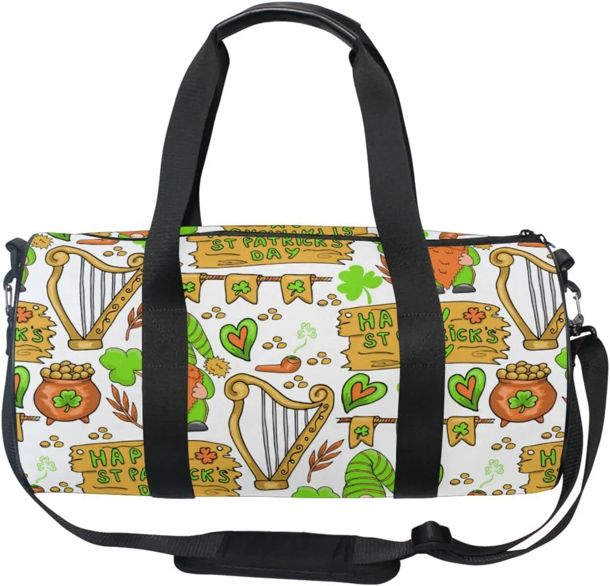 St Patrick's Day Shamrock Clover Green Gnomes, Coins Letters Duffel Bag, Foldable Canvas Travel Tote for Gym Sports with Inner Pockets, Durable Lightweight Fitness Bag for Overnight Workout