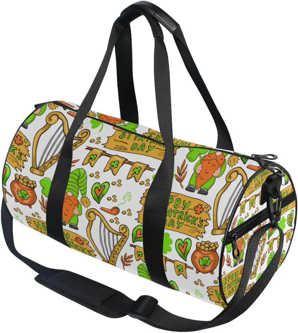 St Patrick's Day Shamrock Clover Green Gnomes, Coins Letters Duffel Bag, Foldable Canvas Travel Tote for Gym Sports with Inner Pockets, Durable Lightweight Fitness Bag for Overnight Workout
