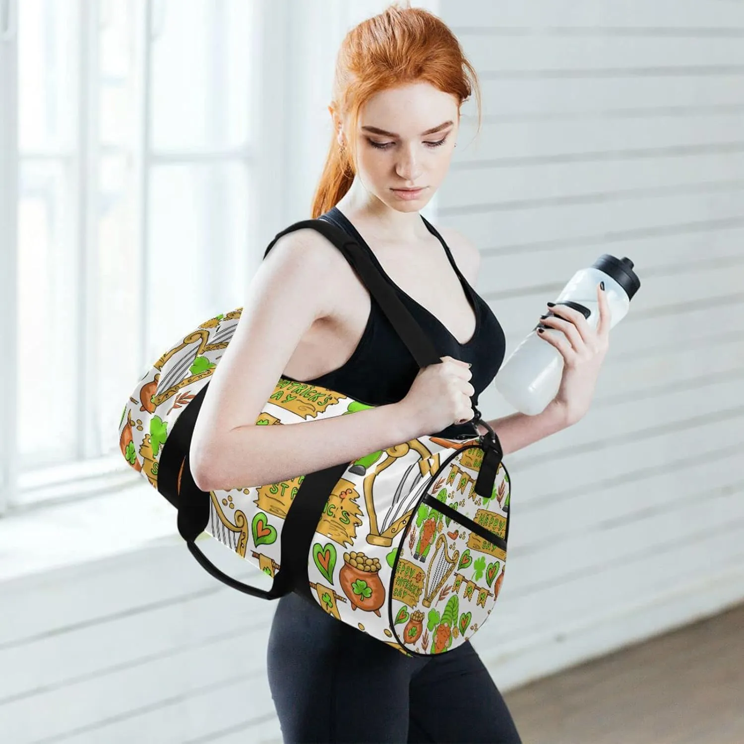 St Patrick's Day Shamrock Clover Green Gnomes, Coins Letters Duffel Bag, Foldable Canvas Travel Tote for Gym Sports with Inner Pockets, Durable Lightweight Fitness Bag for Overnight Workout