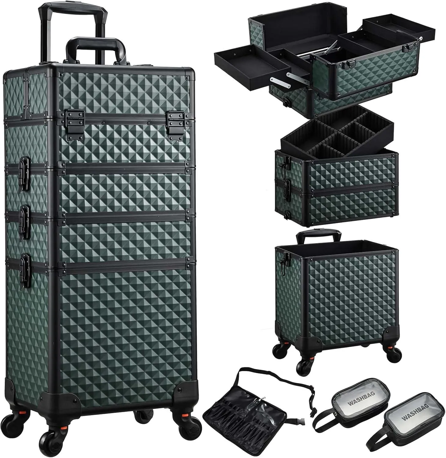 Stagiant Rolling Makeup Case Cosmetology Case on Wheels 4 in 1 Large Train Case Nail Kits Organizer Makeup Travel Case with Brush Waist Bag Make Up Artist Salon Storage Traveling Cart Trunk Dark Green