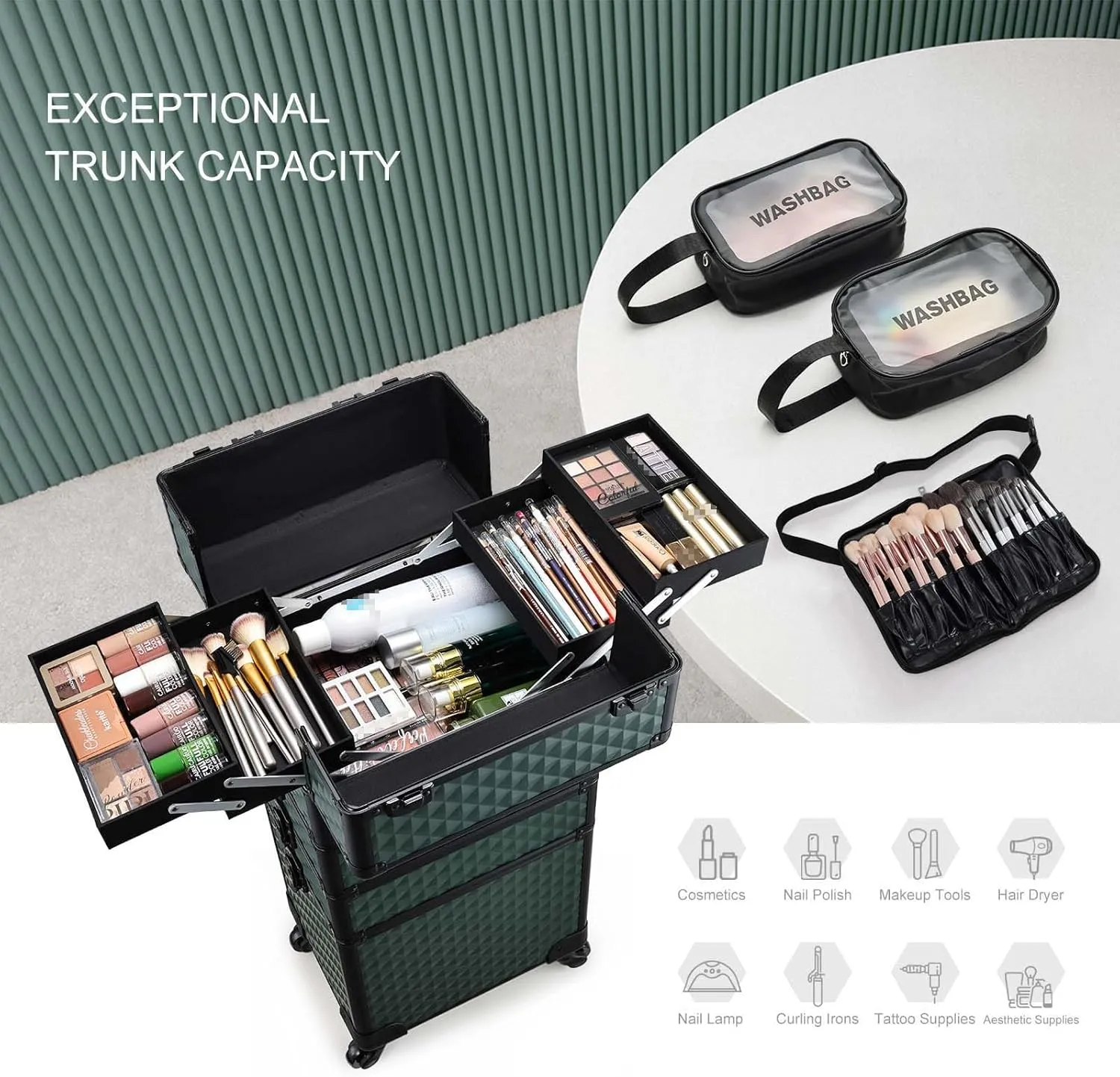 Stagiant Rolling Makeup Case Cosmetology Case on Wheels 4 in 1 Large Train Case Nail Kits Organizer Makeup Travel Case with Brush Waist Bag Make Up Artist Salon Storage Traveling Cart Trunk Dark Green