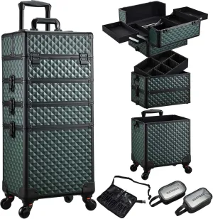 Stagiant Rolling Makeup Case Cosmetology Case on Wheels 4 in 1 Large Train Case Nail Kits Organizer Makeup Travel Case with Brush Waist Bag Make Up Artist Salon Storage Traveling Cart Trunk Dark Green