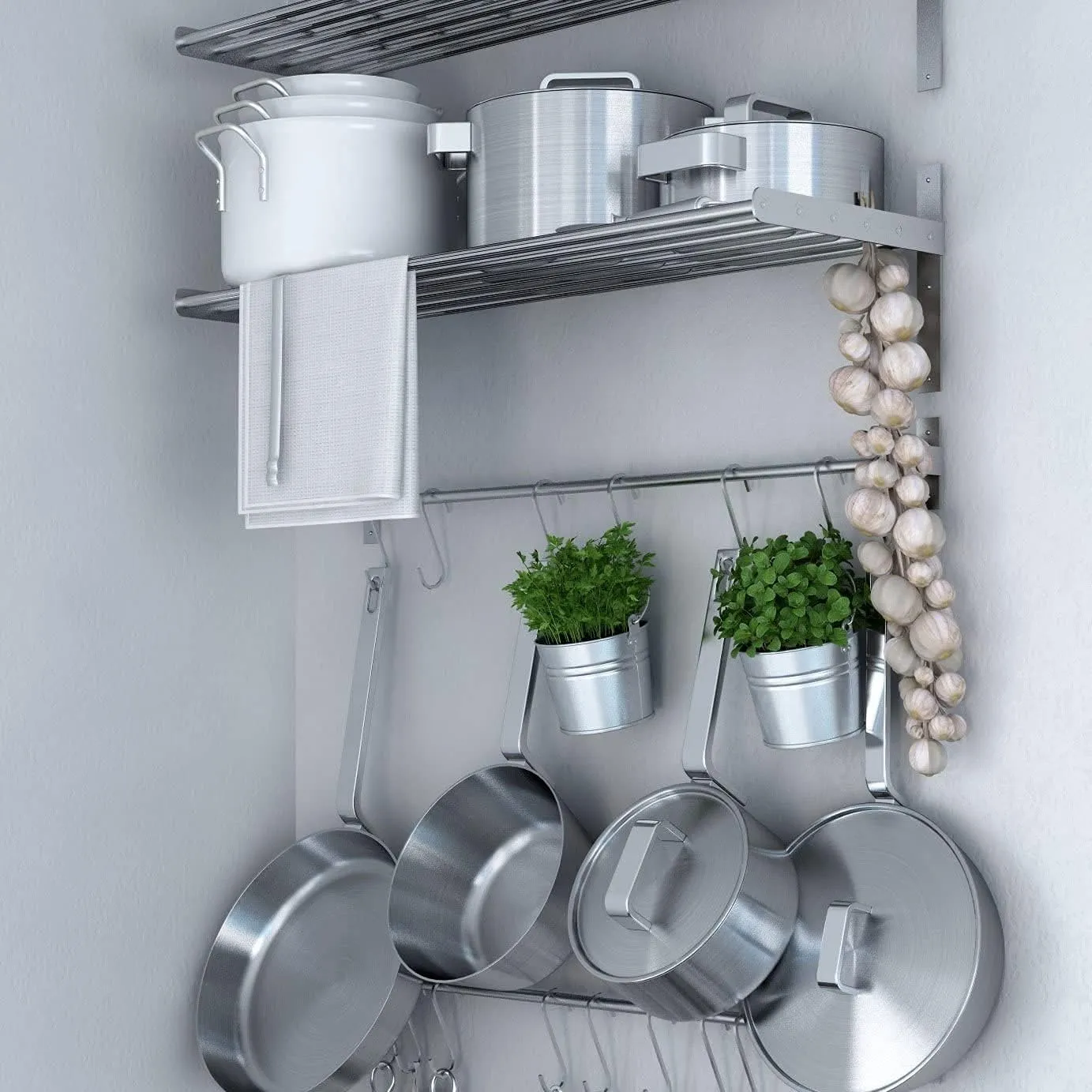Stainless Steel Kitchen Organizer Set 31.5" for Hanging Pots and Pans Set and Lid Organizer, Silver (1X Shelf, 1X Rail, 15 Hooks)