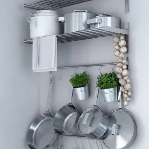 Stainless Steel Kitchen Organizer Set 31.5" for Hanging Pots and Pans Set and Lid Organizer, Silver (1X Shelf, 1X Rail, 15 Hooks)