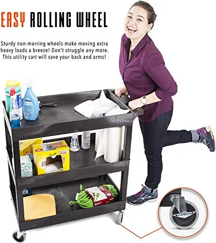 Stand Steady Tubstr 3 Shelf Utility Push Cart Supports Up to 300 lbs - Heavy-Duty Plastic Service Cart Great for Offices, Warehouse Storage, Garage