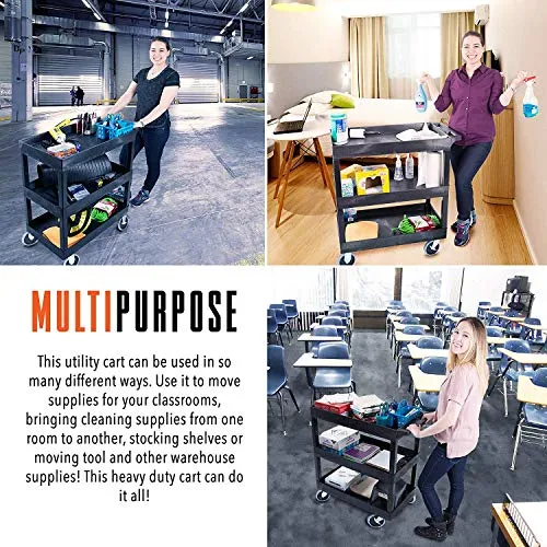 Stand Steady Tubstr 3 Shelf Utility Push Cart Supports Up to 300 lbs - Heavy-Duty Plastic Service Cart Great for Offices, Warehouse Storage, Garage