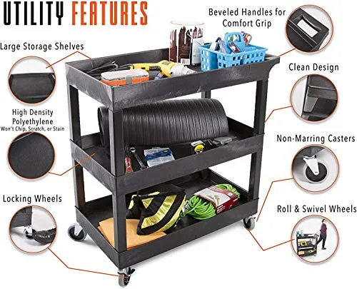 Stand Steady Tubstr 3 Shelf Utility Push Cart Supports Up to 300 lbs - Heavy-Duty Plastic Service Cart Great for Offices, Warehouse Storage, Garage