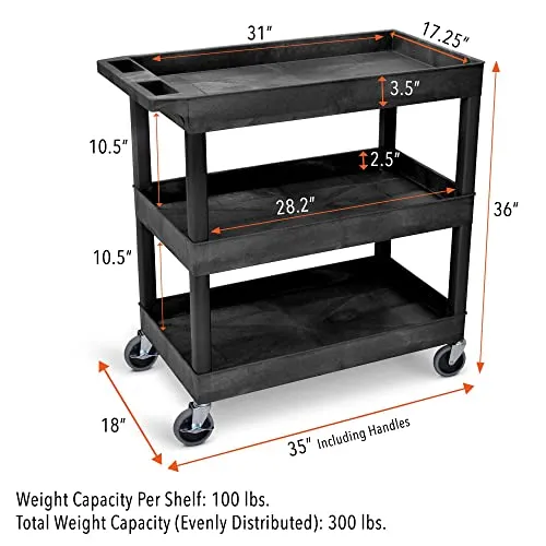 Stand Steady Tubstr 3 Shelf Utility Push Cart Supports Up to 300 lbs - Heavy-Duty Plastic Service Cart Great for Offices, Warehouse Storage, Garage