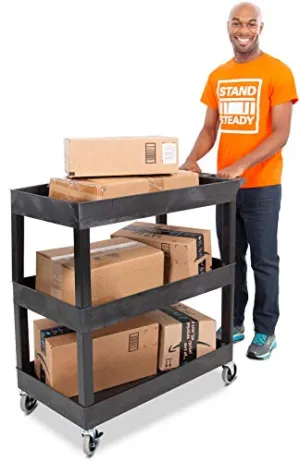 Stand Steady Tubstr 3 Shelf Utility Push Cart Supports Up to 300 lbs - Heavy-Duty Plastic Service Cart Great for Offices, Warehouse Storage, Garage