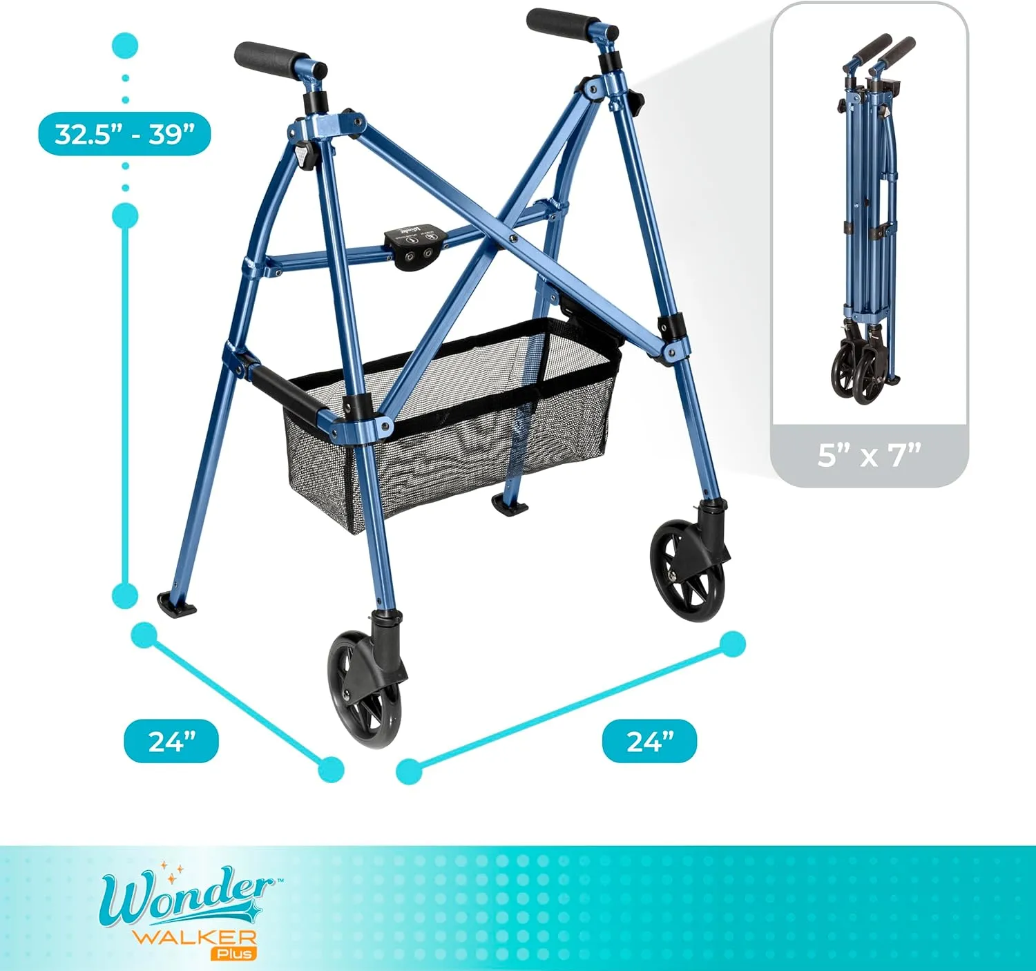 Stander EZ Fold-N-Go Walker, Lightweight Folding Mobility Rolling Walker for Seniors and Adults, 6-inch Wheels, Ski Glides and Organizer Pouch, Cobalt Blue, Cobalt Blue, 1 Count