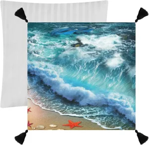 Starfish on the Summer Beach Sand with Blue Ocean Water Waves Dolphin One Side Linen-like Pillow Case Sham Cushion Case Cover with Core, Soft Bed Pillow Case Throw Pillowcase with Core 20x20 inches