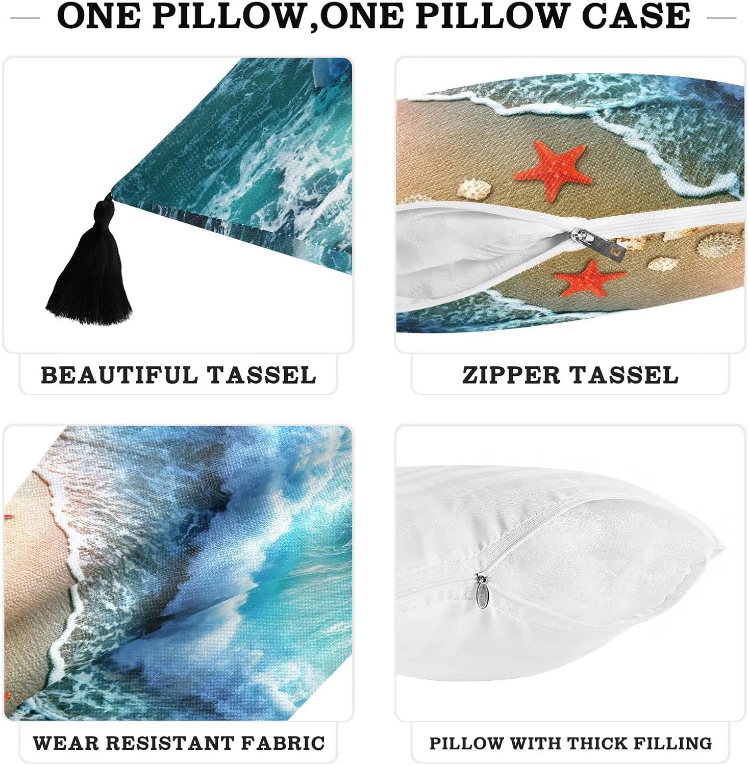 Starfish on the Summer Beach Sand with Blue Ocean Water Waves Dolphin One Side Linen-like Pillow Case Sham Cushion Case Cover with Core, Soft Bed Pillow Case Throw Pillowcase with Core 20x20 inches