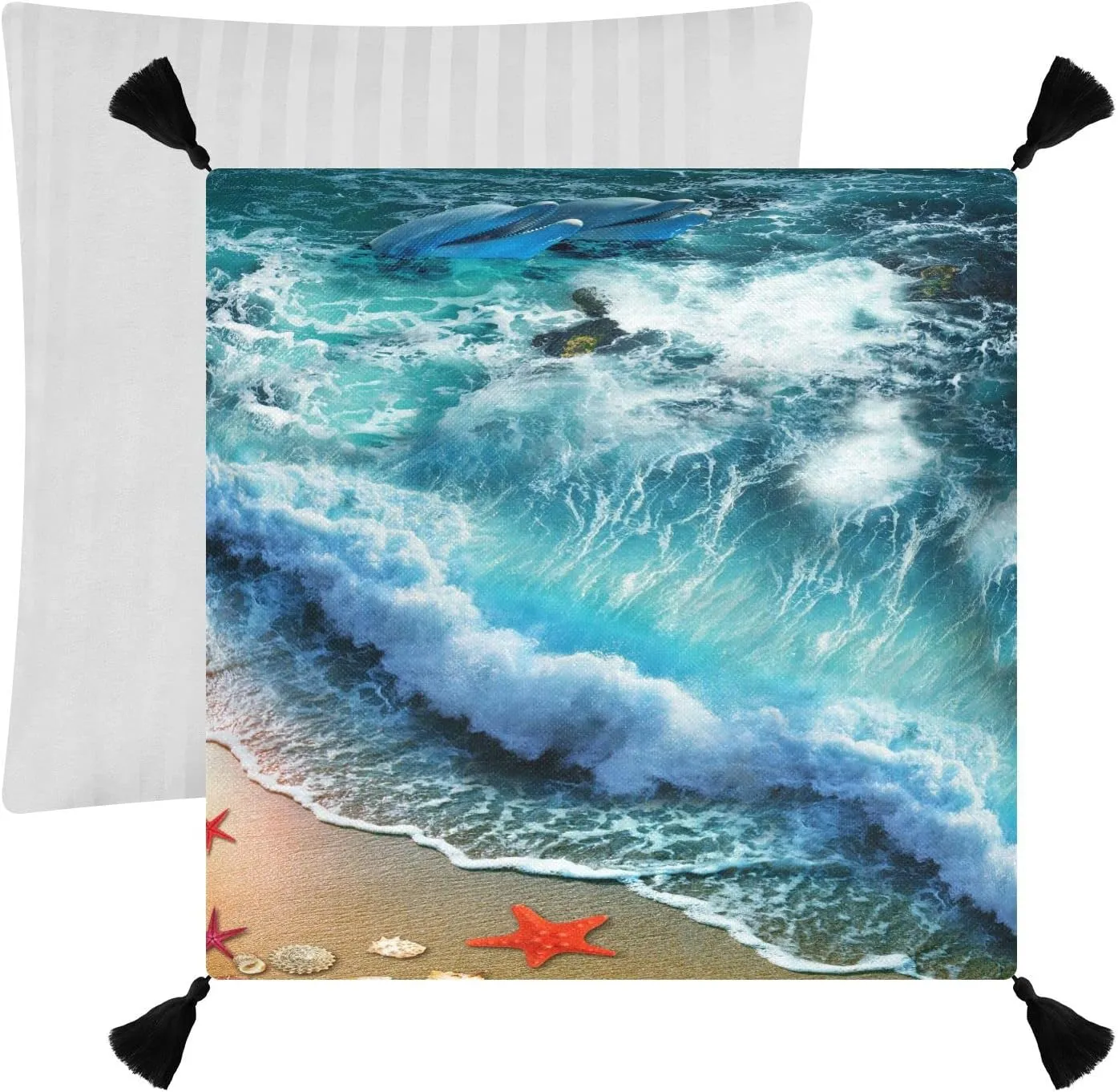 Starfish on the Summer Beach Sand with Blue Ocean Water Waves Dolphin One Side Linen-like Pillow Case Sham Cushion Case Cover with Core, Soft Bed Pillow Case Throw Pillowcase with Core 20x20 inches