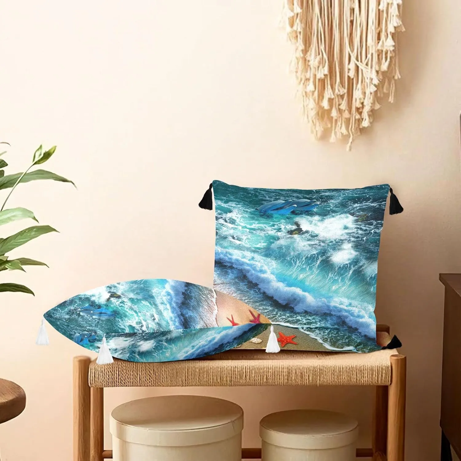 Starfish on the Summer Beach Sand with Blue Ocean Water Waves Dolphin One Side Linen-like Pillow Case Sham Cushion Case Cover with Core, Soft Bed Pillow Case Throw Pillowcase with Core 20x20 inches