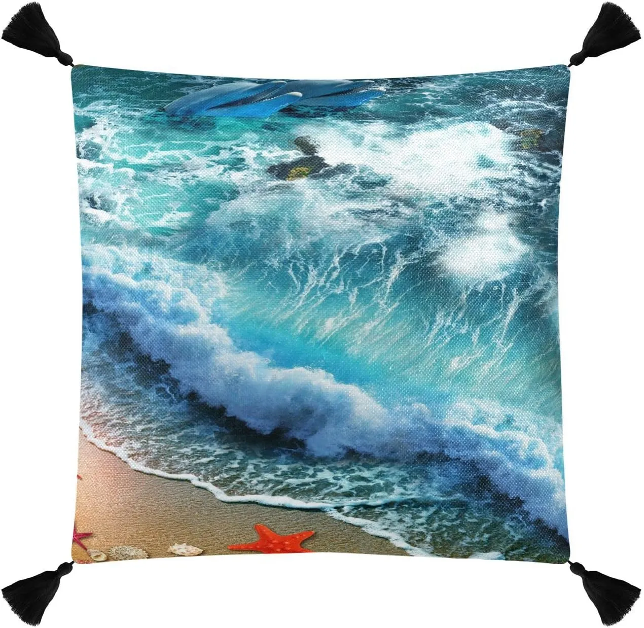 Starfish on the Summer Beach Sand with Blue Ocean Water Waves Dolphin One Side Linen-like Pillow Case Sham Cushion Case Cover with Core, Soft Bed Pillow Case Throw Pillowcase with Core 20x20 inches