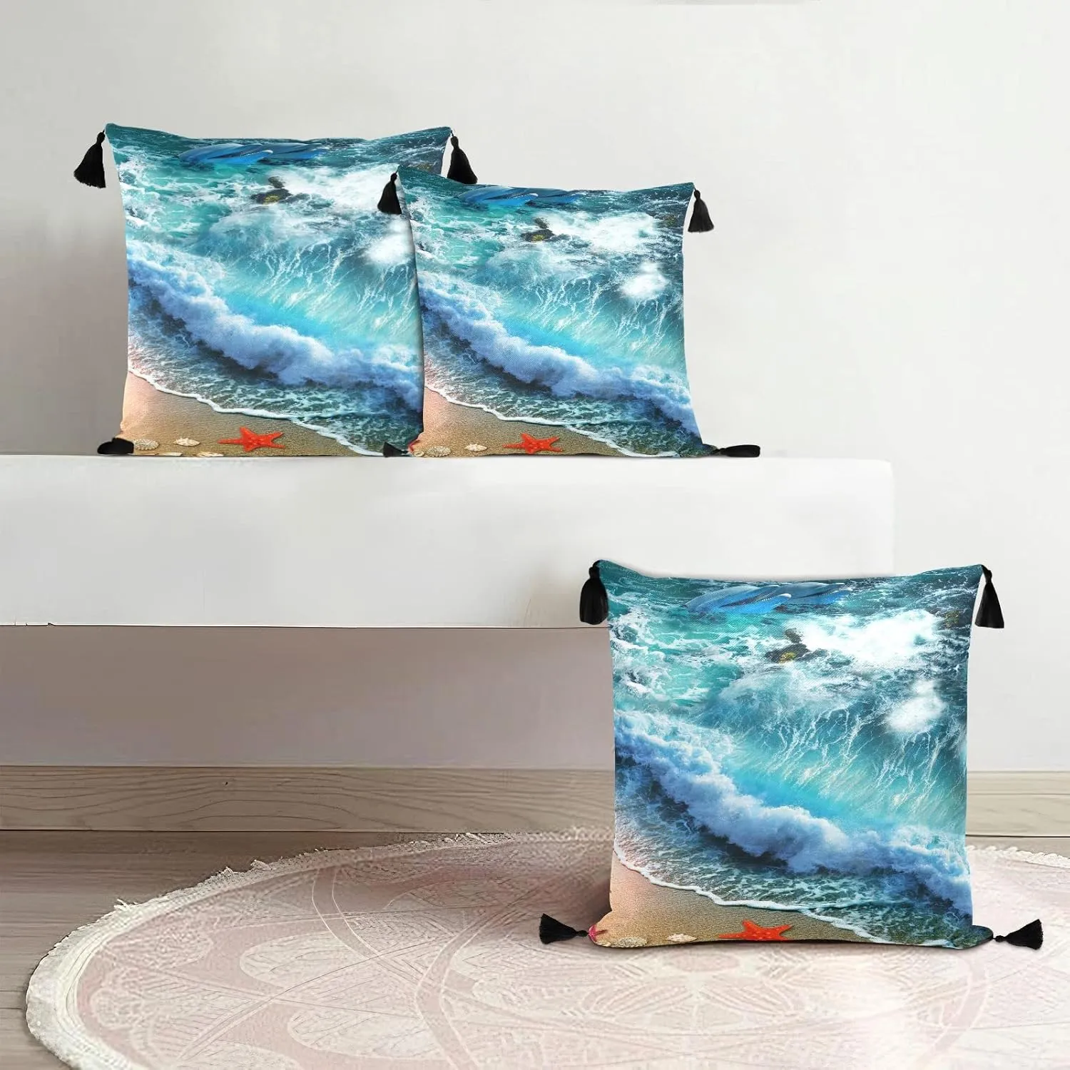 Starfish on the Summer Beach Sand with Blue Ocean Water Waves Dolphin One Side Linen-like Pillow Case Sham Cushion Case Cover with Core, Soft Bed Pillow Case Throw Pillowcase with Core 20x20 inches