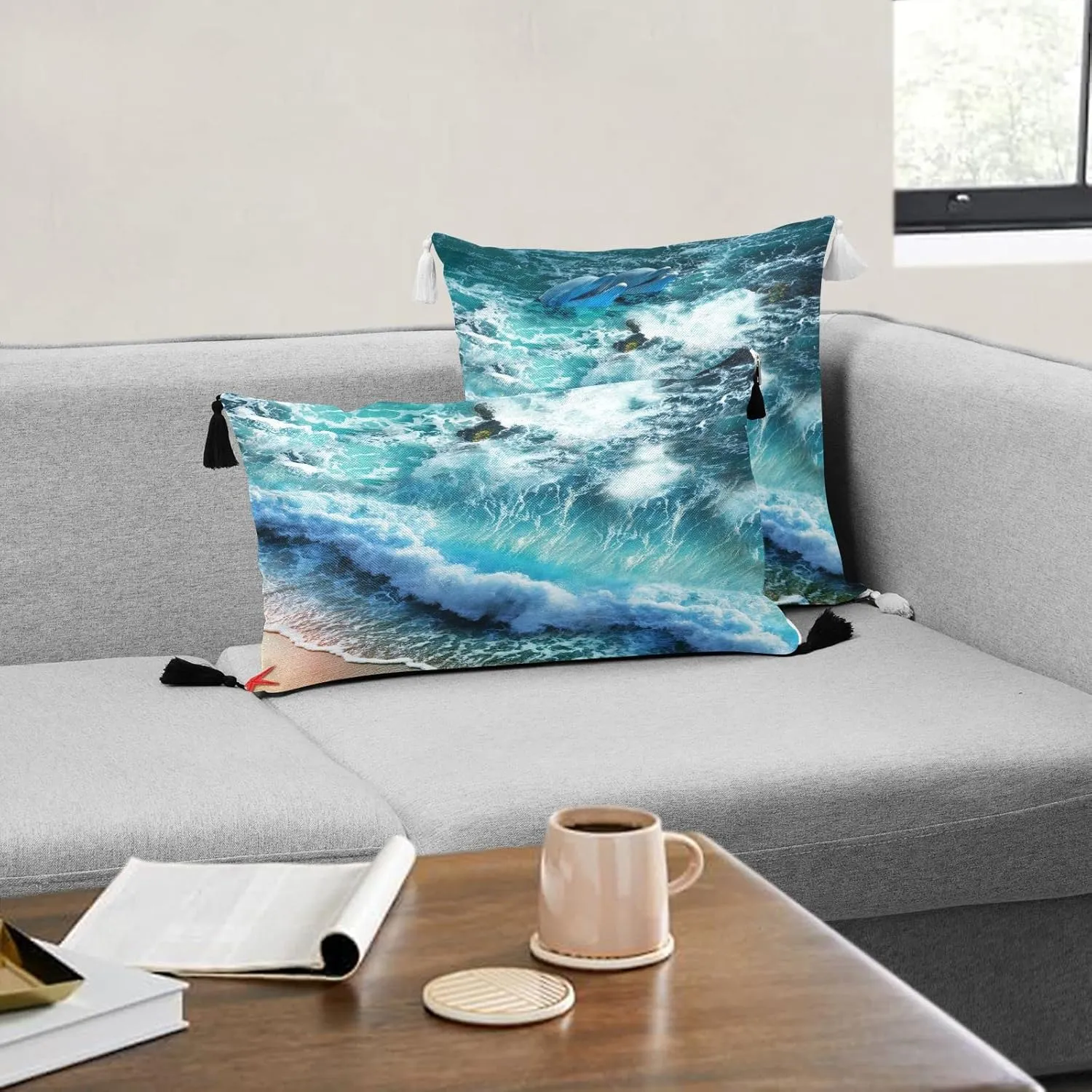 Starfish on the Summer Beach Sand with Blue Ocean Water Waves Dolphin One Side Linen-like Pillow Case Sham Cushion Case Cover with Core, Soft Bed Pillow Case Throw Pillowcase with Core 20x20 inches