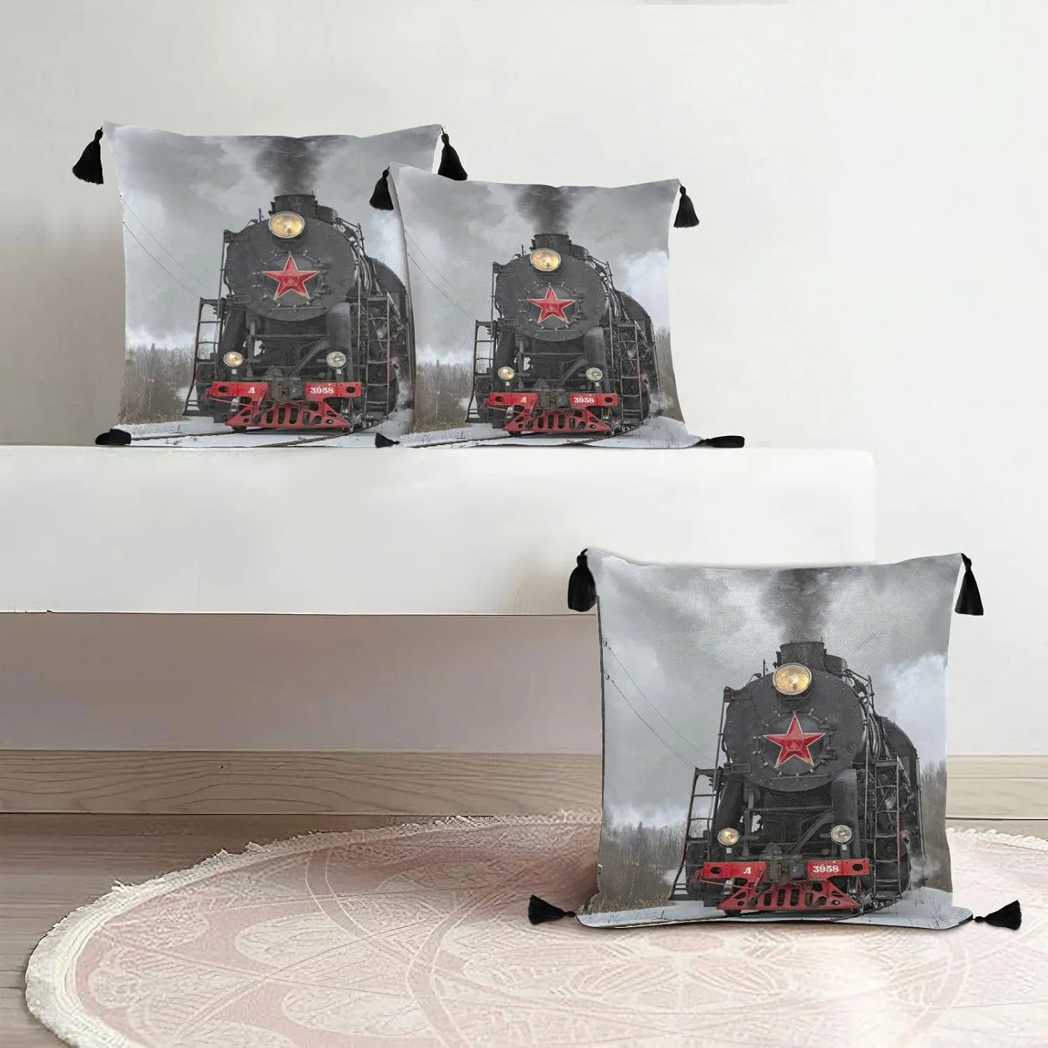 Steam Train in winter with White Snow, on the Track Route with Smoke One Side Linen-like Pillow Case Sham Cushion Case Cover with Core, Soft Bed Pillow Case Throw Pillowcase with Core 20x20 inches