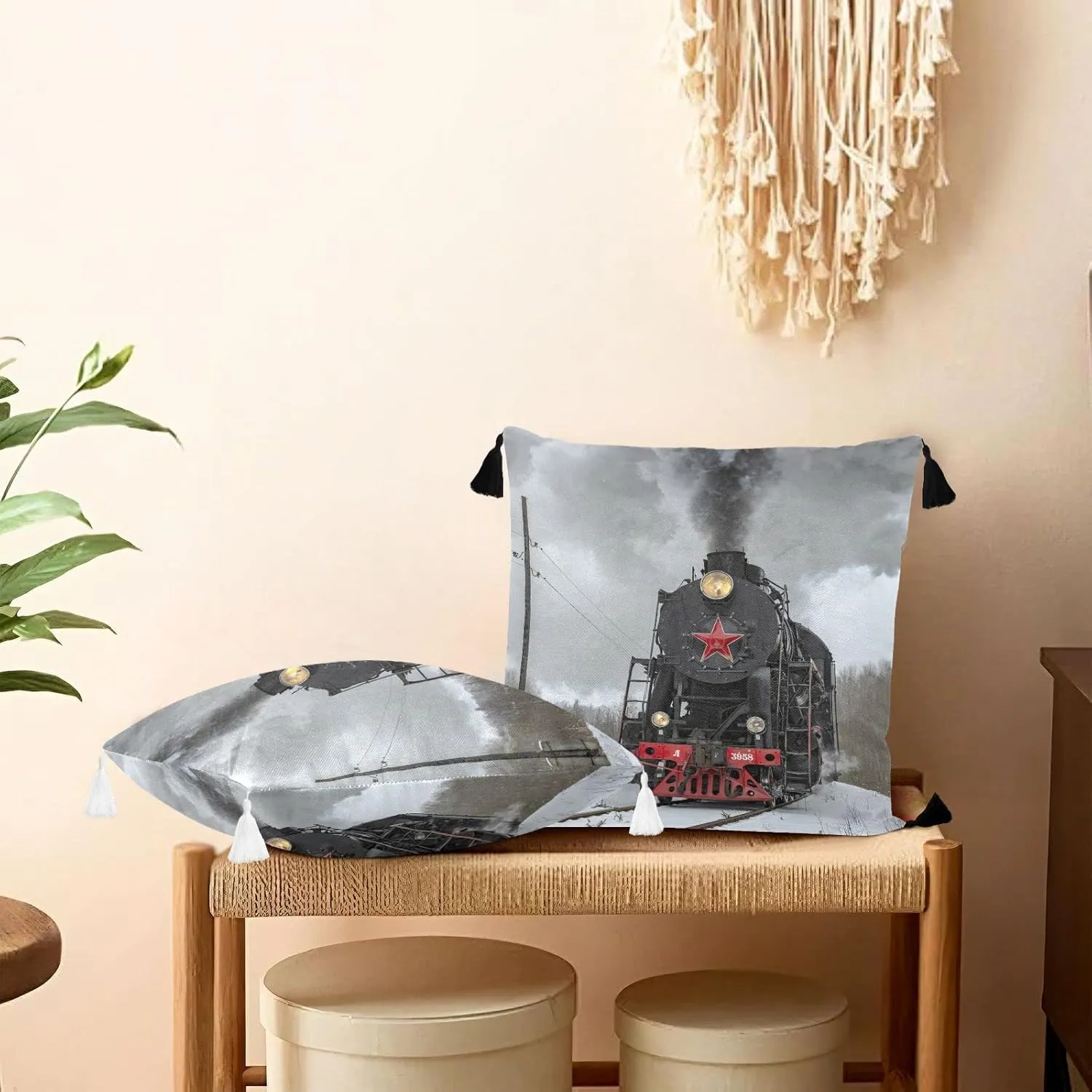 Steam Train in winter with White Snow, on the Track Route with Smoke One Side Linen-like Pillow Case Sham Cushion Case Cover with Core, Soft Bed Pillow Case Throw Pillowcase with Core 20x20 inches