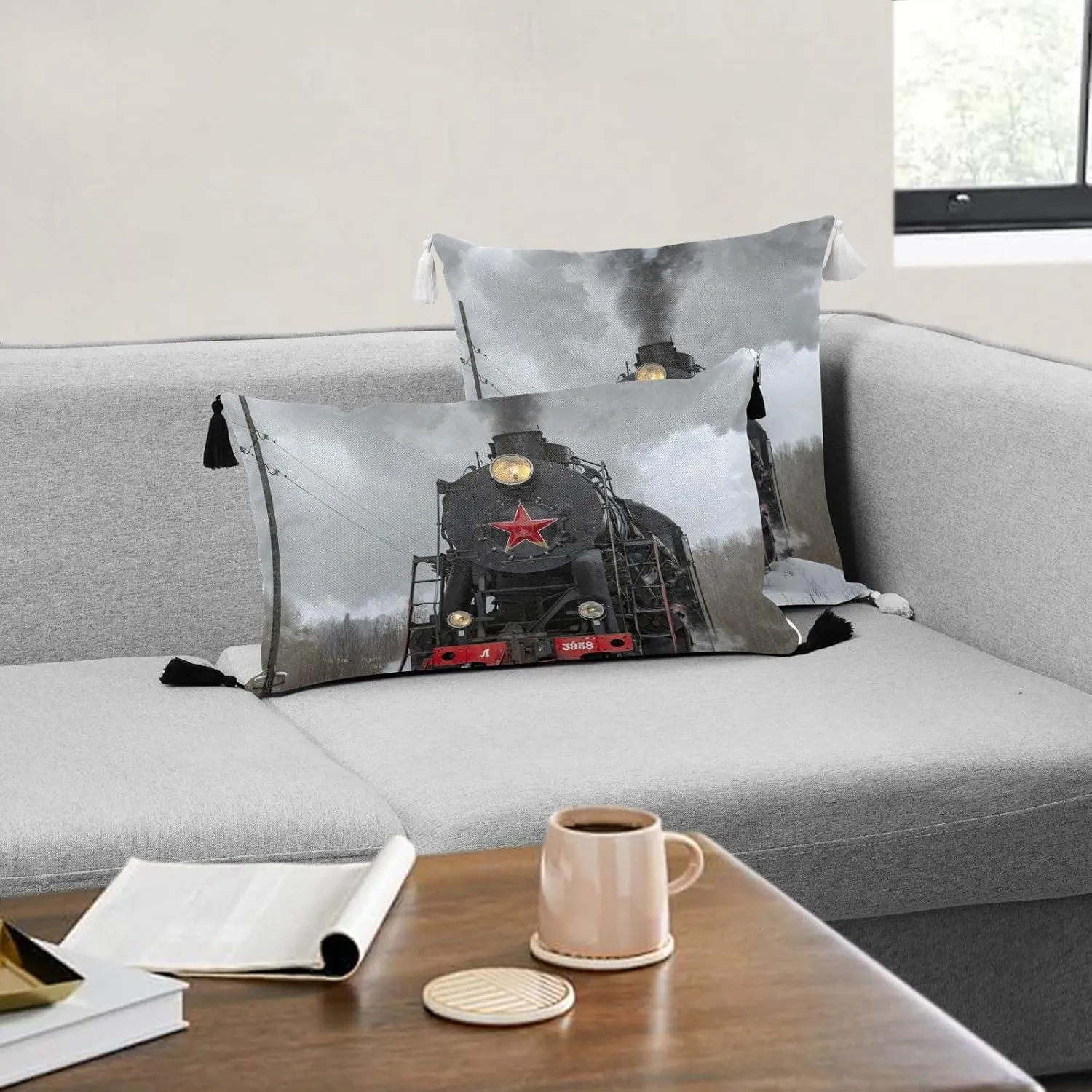Steam Train in winter with White Snow, on the Track Route with Smoke One Side Linen-like Pillow Case Sham Cushion Case Cover with Core, Soft Bed Pillow Case Throw Pillowcase with Core 20x20 inches