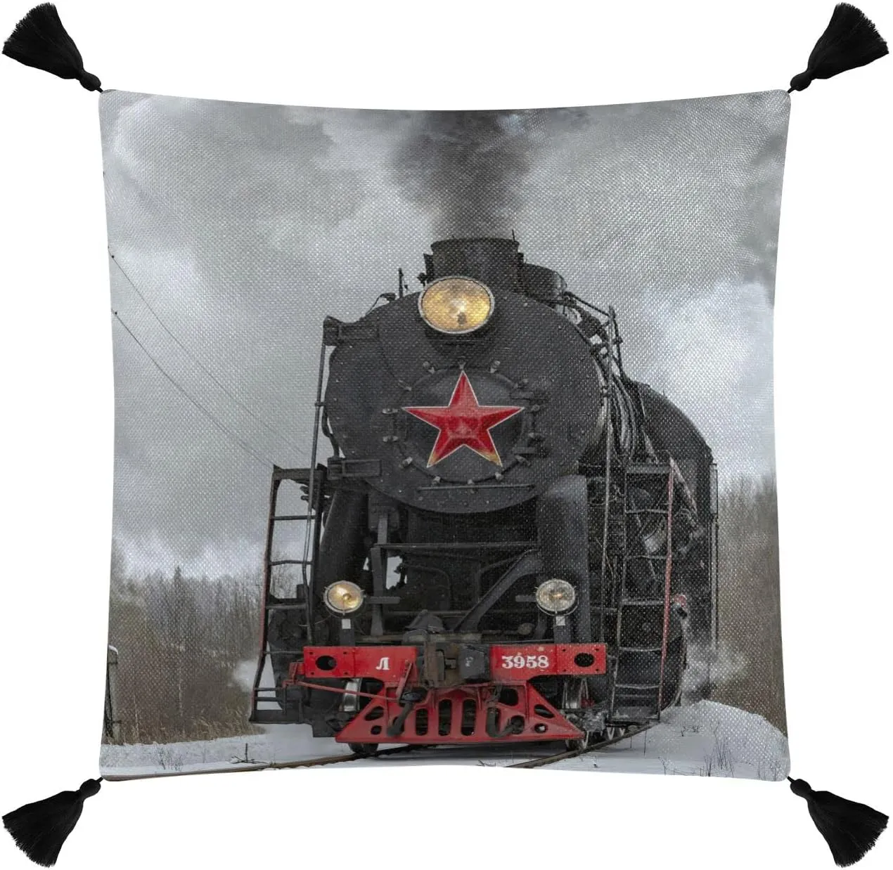 Steam Train in winter with White Snow, on the Track Route with Smoke One Side Linen-like Pillow Case Sham Cushion Case Cover with Core, Soft Bed Pillow Case Throw Pillowcase with Core 20x20 inches