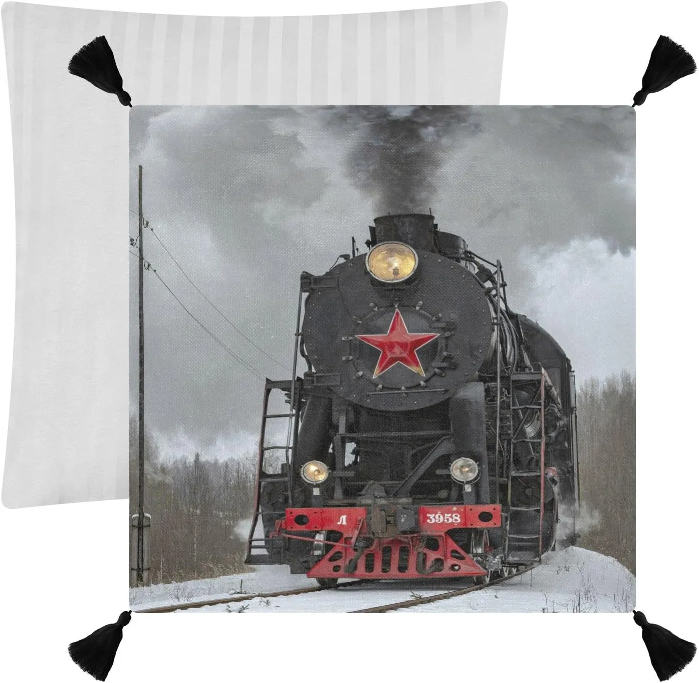 Steam Train in winter with White Snow, on the Track Route with Smoke One Side Linen-like Pillow Case Sham Cushion Case Cover with Core, Soft Bed Pillow Case Throw Pillowcase with Core 20x20 inches