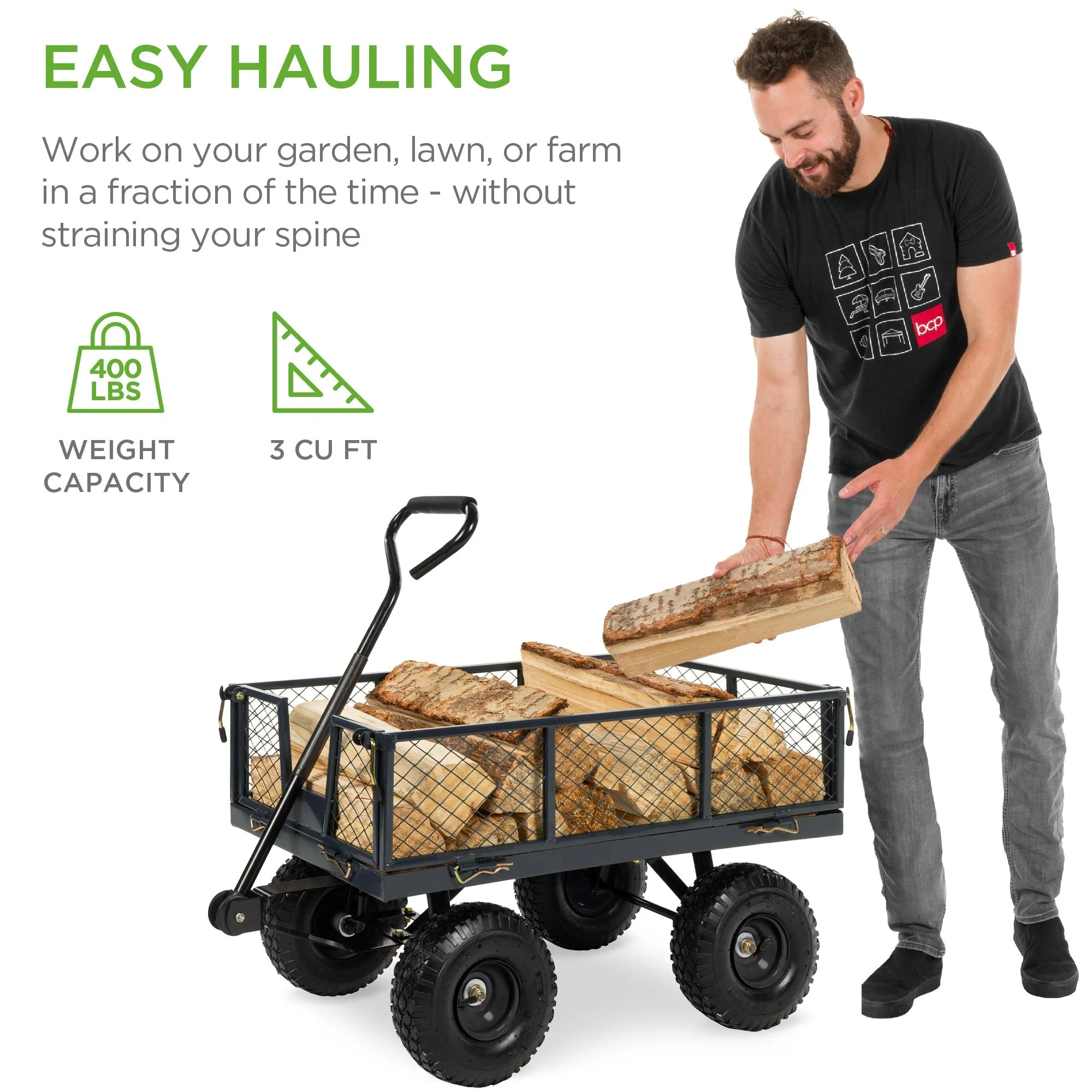Steel Garden Utility Cart Wagon w/ 400lb Capacity, Removable Sides, Handle