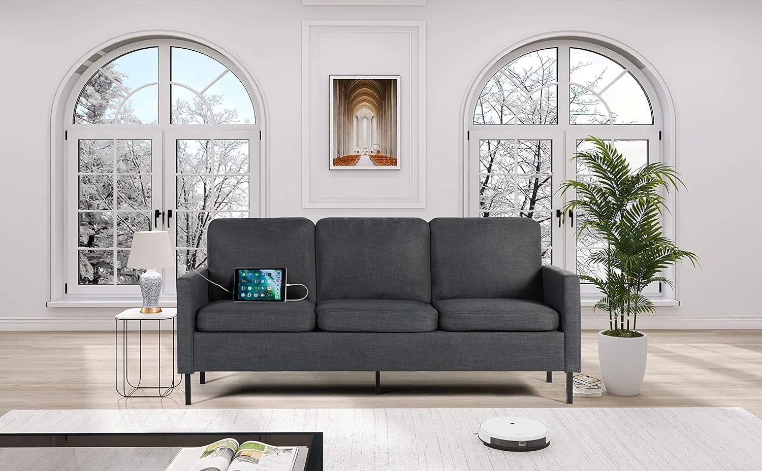 STHOUYN 72" W Fabric 3 Seater Couch with 2 USB, Comfortable Sectional Couches and Sofas for Living Room Bedroom Office Small Space, Easy Assembly & Comfy Cushion (72" 3-Seater Sofa, Dark Grey)