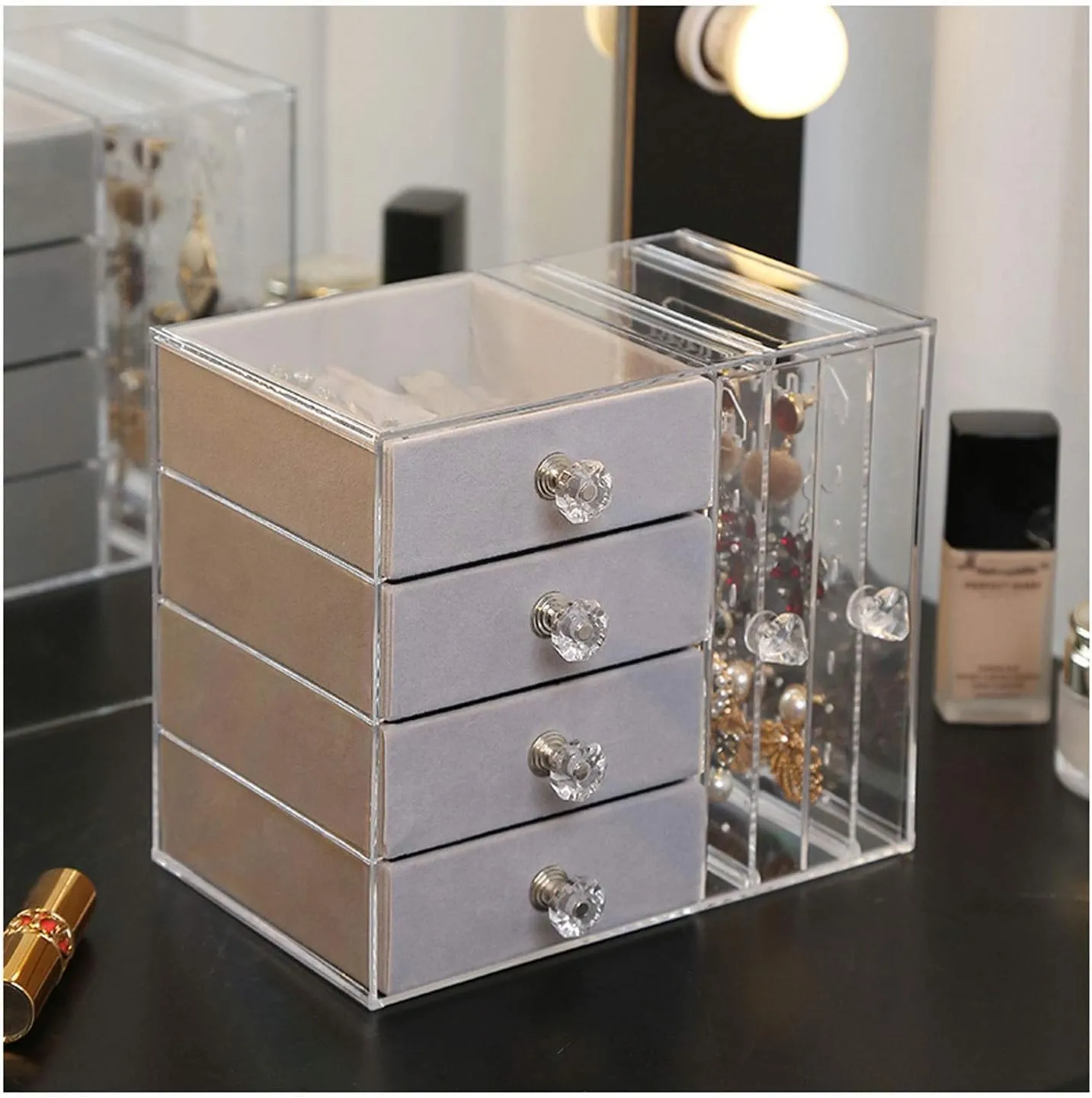 Storage Box Jewelry Organizer Clear Acrylic Jewelry Box for Women with 4 Drawers Hanging Earring Holder Jewelry Organizer for Earring Bangle Bracelet Necklace and Rings Storage Jewelry Box