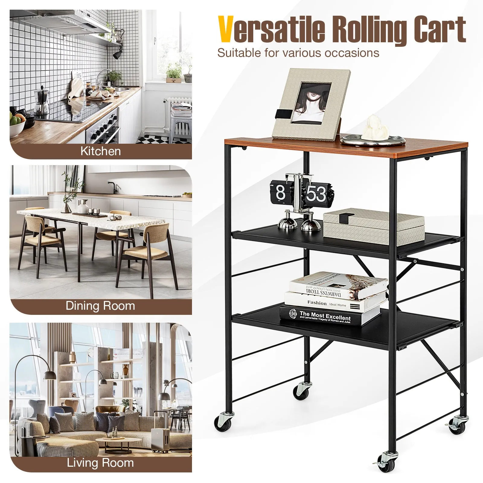 Storage Cart with Adjustable Shelves, Foldable Frame and Lockable Casters