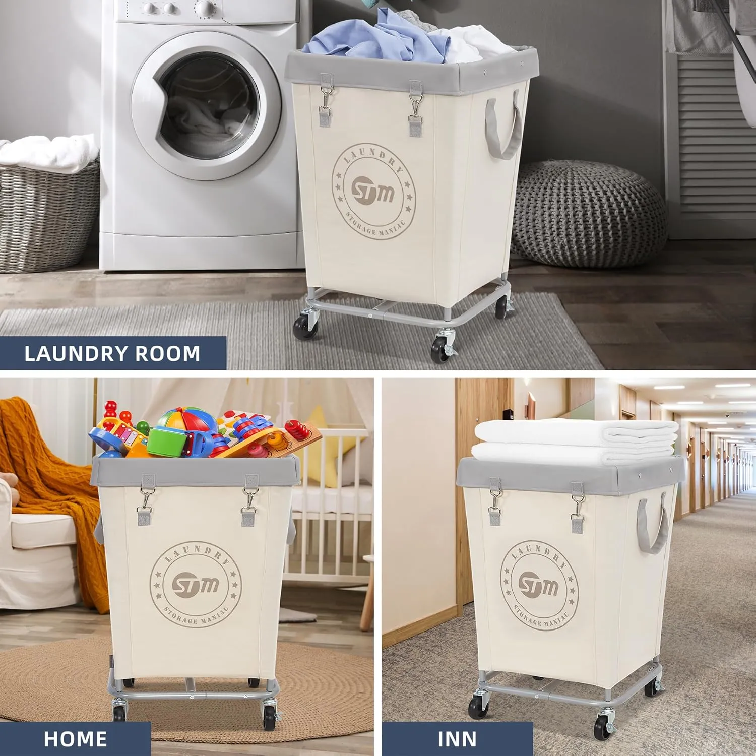 STORAGE MANIAC Commercial Laundry Hamper with Heavy Duty Steel Frame, 160 L Industrial Laundry Basket Cart with Wheels for Hotel, Home, Laundry Room, 17.72''L x 17.72''W x 30.91''H, Medium Beige