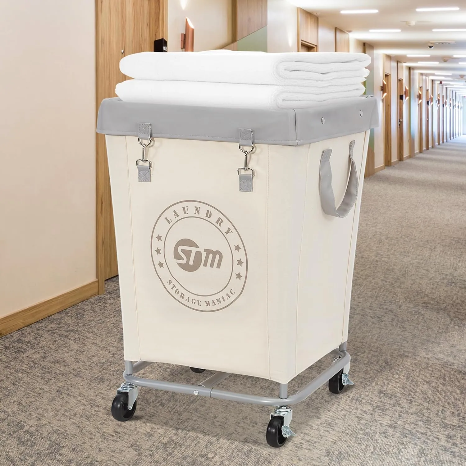 STORAGE MANIAC Commercial Laundry Hamper with Heavy Duty Steel Frame, 160 L Industrial Laundry Basket Cart with Wheels for Hotel, Home, Laundry Room, 17.72''L x 17.72''W x 30.91''H, Medium Beige